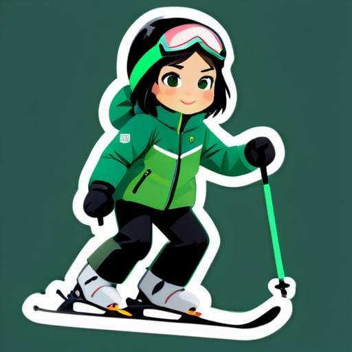 女の子がスキーをしていて、緑色のジャケット、黒いパンツ、黒いミディアムヘア sticker