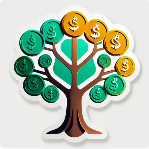 一個由錢幣形狀組成的樹形結構，表示通過省錢可以實現長期增長和積累。 sticker