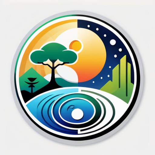 生成一個由陰陽八卦構圖，包含：太陽、月亮、樹木、高樓、湖泊元素，畫風非常簡潔明瞭的商標圖片。 sticker