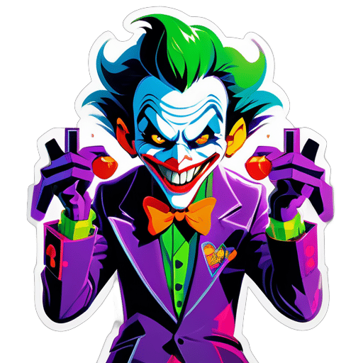 A mischievous joker character, holding gaming controller joysticks in each hand, exudes playful energy. Vibrant colors and dynamic lines capture the excitement of gaming, while the joker's presence adds whimsy and intrigue. This logo embodies the fusion of gaming with the charm of the joker archetype, inviting viewers into a world of fun and excitement sticker