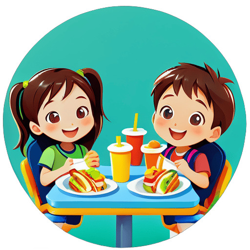 Los estudiantes de primaria disfrutan juntos de la comida en el almuerzo sticker