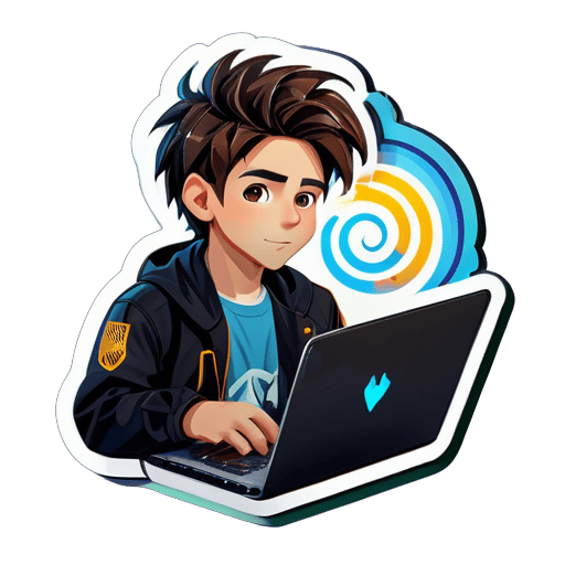 Gerar um adesivo de um menino trabalhando em seu laptop, o menino tendo cabelo de Messi sticker