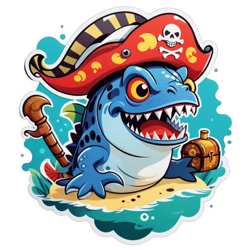 A piranha with a pirate hat in its left hand and a treasure map in its right hand sticker