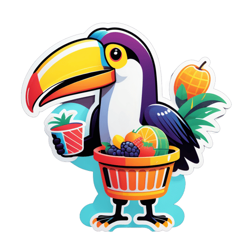 A toucan with a fruit basket in its left hand and a juicer in its right hand sticker