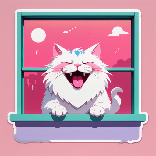 Gato sonolento no parapeito da janela: Relaxando, bocejando amplamente, revelando a língua rosa. sticker