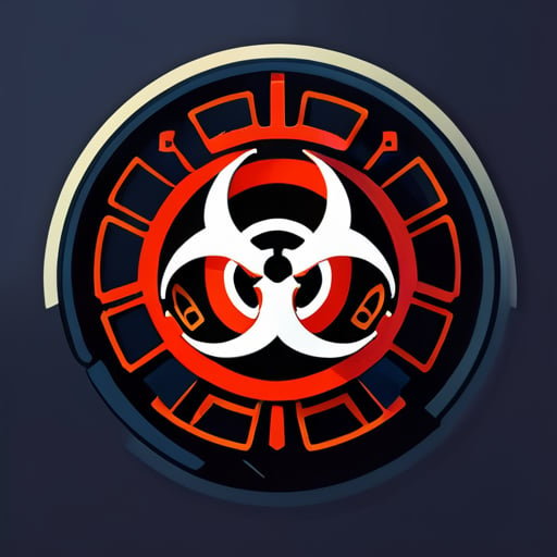 ciso is in the place. computer and network. cybersecurity enforced by a powerful manager with super power. logo like biohazard for cyber space sticker
