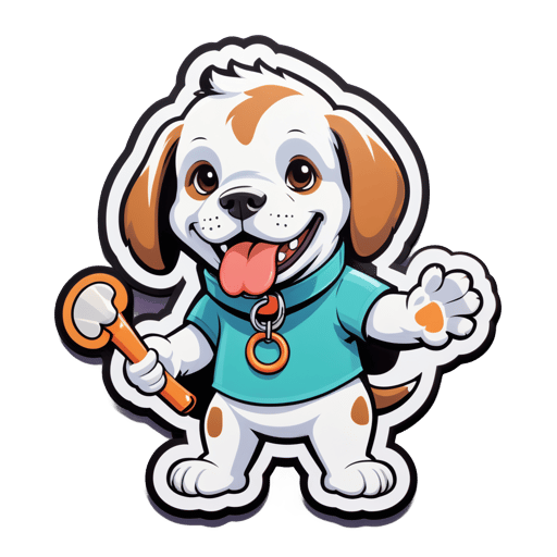 A dog with a bone in its left hand and a leash in its right hand sticker
