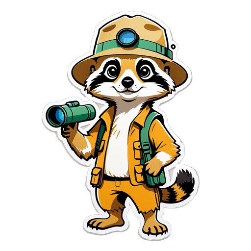 A meerkat with a pair of binoculars in its left hand and a safari hat in its right hand sticker