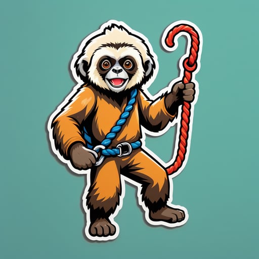 Ein Gibbon mit einem Kletterseil in der linken Hand und einem Karabiner in der rechten Hand sticker