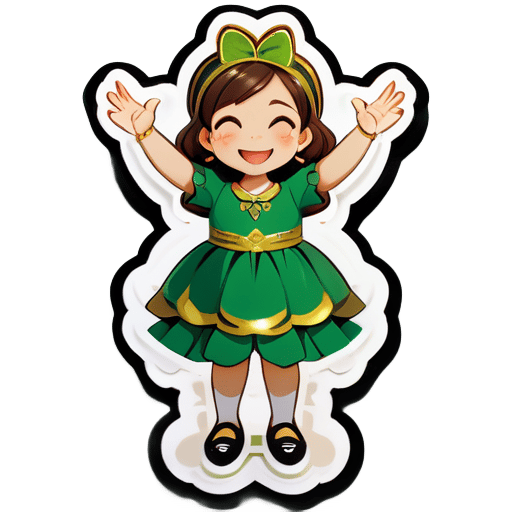 A sticker of a girl in a green dress with brown hair, wearing gold jewelry and black shoes. She has her arms raised and is smiling. sticker