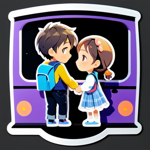 一個男孩在火車上牽著一個可愛女孩的手，彼此表達著愛意，場景十分安靜 sticker