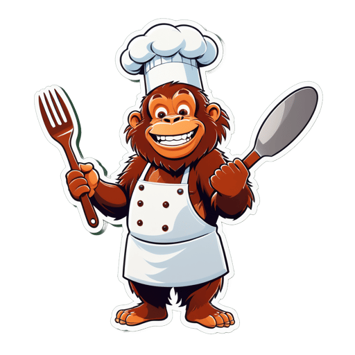 왼손에 요리사 앞치마를 착용한 오랑우탄이 오른손에 요리용 주걱을 들고 있는 모습 sticker