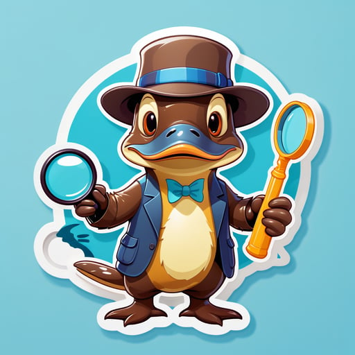 Un ornitorrinco con un sombrero de detective en su mano izquierda y una lupa en su mano derecha sticker