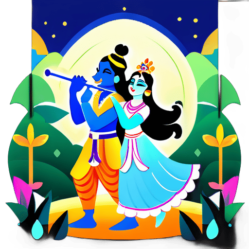 **Yêu cầu: ** Tạo một tác phẩm nghệ thuật kỹ thuật số miêu tả Chúa Krishna và Radha trong một bối cảnh rừng yên bình với những tảng đá ở phía trước. Cảnh sẽ gợi lên cảm giác thanh bình và vẻ đẹp tự nhiên, với rừng làm nền. 1. **Nhân vật:** - Chúa Krishna và Radha nên là trung tâm của tác phẩm. - Krishna nên được miêu tả với cây sáo biểu tượng của mình sticker
