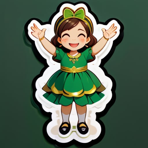A sticker of a girl in a green dress with brown hair, wearing gold jewelry and black shoes. She has her arms raised and is smiling. sticker