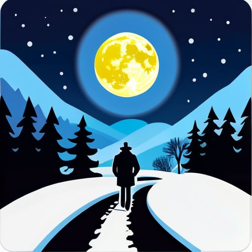 Un hombre solitario camina por un sendero rural recién nevado, con la brillante luna colgando en el cielo sticker