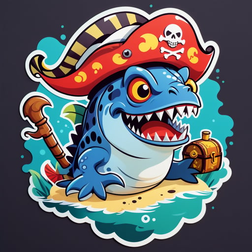 Ein Piranha mit einem Piratenhut in seiner linken Hand und einer Schatzkarte in seiner rechten Hand sticker