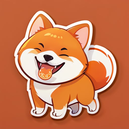 一只可爱的卡通风格的橘红色柴犬，微笑，吐舌头，身上有内容为 ”十七“ 的中文花纹 sticker