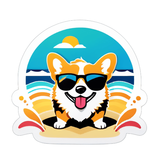 corgi usando óculos de sol na praia sticker