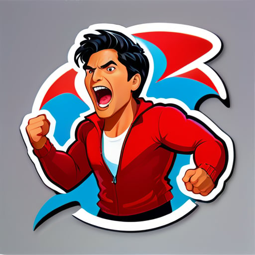 người đàn ông mặc áo len màu đỏ la hét tức giận 'chayanne' thay vì 'Shazam' sticker