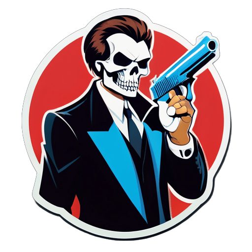 a man holding a deagle pistol wtih a skull on his chamber sticker