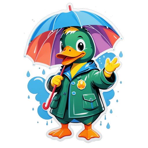 Un pato con un impermeable en su mano izquierda y un paraguas en su mano derecha sticker
