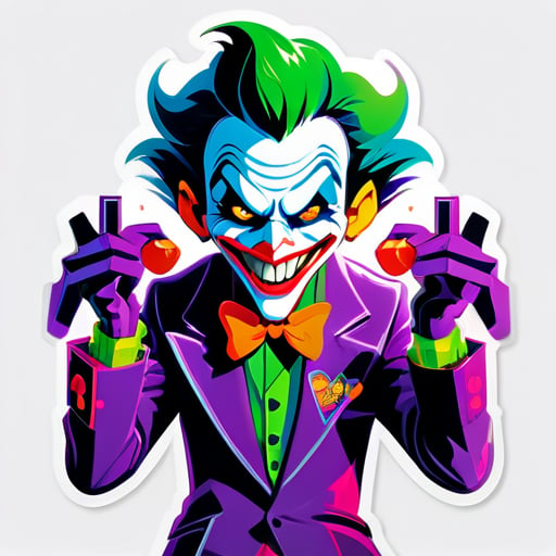 Ein schelmischer Joker-Charakter, der in jeder Hand Gaming-Controller-Joysticks hält, strahlt verspielte Energie aus. Lebhafte Farben und dynamische Linien fangen die Aufregung des Spielens ein, während die Anwesenheit des Jokers Verspieltheit und Intrige hinzufügt. Dieses Logo verkörpert die Verschmelzung von Gaming mit dem Charme des Joker-Archetyps und lädt die Betrachter in eine Welt voller Spaß und Aufregung ein. sticker