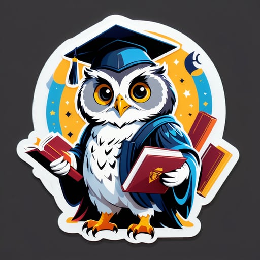 An owl with a book in its left hand and a graduation cap in its right hand sticker