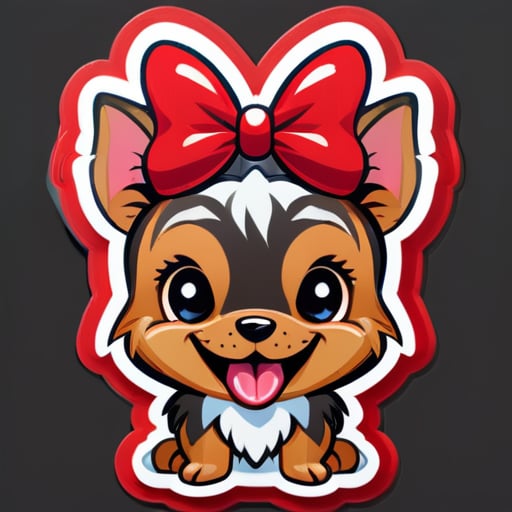 cartoon of a smiling yorkie, has large ears and wearing a red bow on top of head sticker