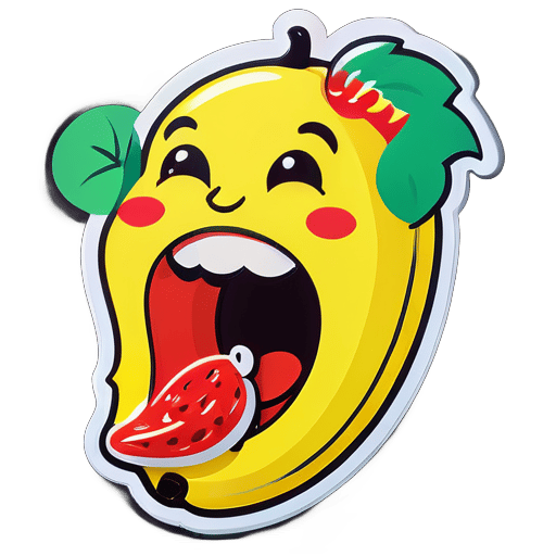 同時畫一個笑著的香蕉，香蕉吃著草莓，把草莓稍微放進嘴巴裡，大香蕉 sticker
