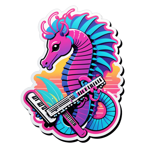 Synthwave Seahorse với Keytar sticker