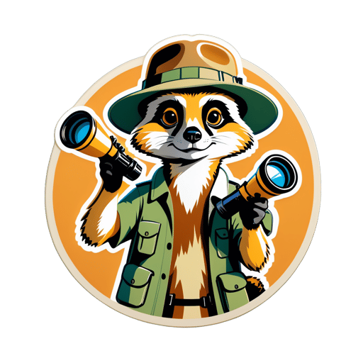A meerkat with a pair of binoculars in its left hand and a safari hat in its right hand sticker