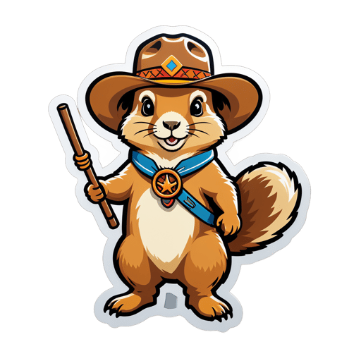 Um cão da pradaria com um chapéu de cowboy em sua mão esquerda e um laço em miniatura em sua mão direita sticker