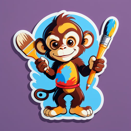 Một con khỉ cầm cây sơn trong tay trái và một bảng màu trong tay phải sticker