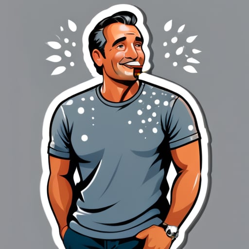 un homme avec un cigare portant un t-shirt gris avec un motif à pois sticker