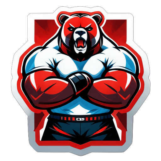 Create a logo featuring a muscular and robust bear with a fierce and intimidating expression. The bear should be standing with its arms crossed over its chest, wearing MMA gloves. The gloves must be red or black with white accents. The bear should have furrowed brows, piercing eyes, and slightly bared teeth, conveying a look of anger. The illustration style should be realistic cartoon, with strong sticker