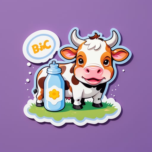 Uma vaca com um sino na mão esquerda e uma garrafa de leite na mão direita sticker