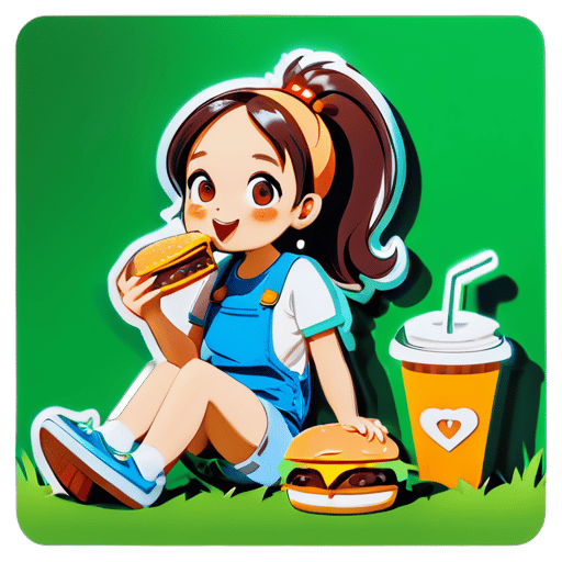 chica sentada en el césped comiendo una hamburguesa sticker