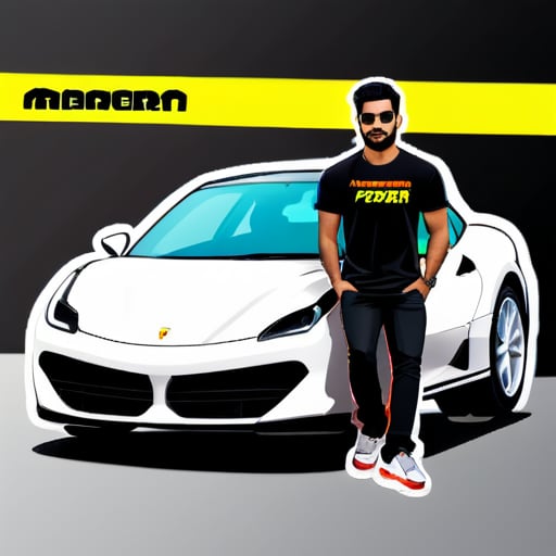 ein Mann sitzt auf einem Ferrari-Auto, arbeitet mit einem Laptop, trägt ein schwarzes T-Shirt und sein Name Waqar Haider steht auf der Rückseite seines Shirts sticker