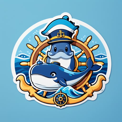 Một con cá voi đội mũ thuyền trưởng trên tay trái và cầm bánh lái tàu trên tay phải sticker