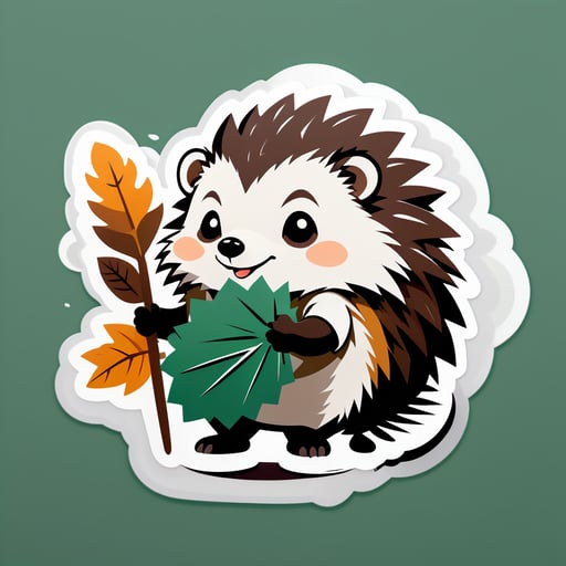 Um ouriço com uma escova na mão esquerda e um monte de folhas na mão direita sticker
