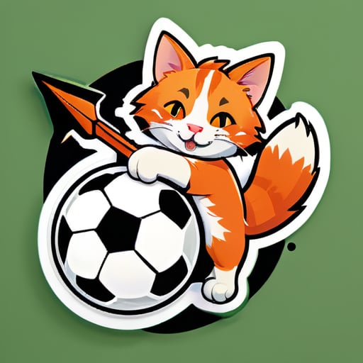 주황색 고양이가 화살과 활을 들고 축구공 위에 누워 있습니다 sticker