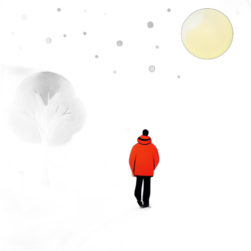 一個孤獨的男人走在剛下過雪的鄉間小路上，旁邊有一條小河，空中掛著一輪明月 sticker