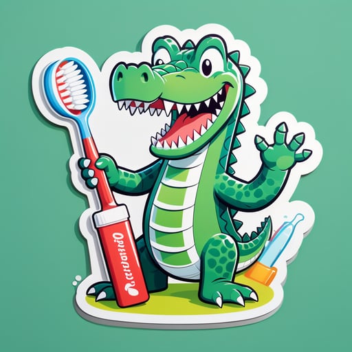 Ein Krokodil mit einer Zahnbürste in der linken Hand und einer Tube Zahnpasta in der rechten Hand sticker