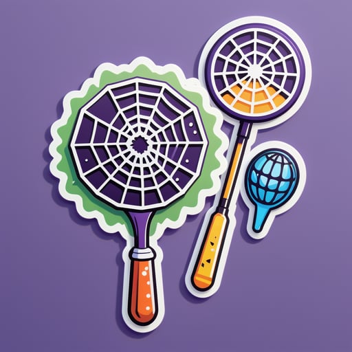 A spider with a web in its left hand and a flyswatter in its right hand sticker