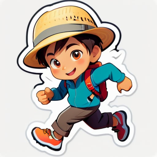Un niño pequeño, con un sombrero y vestido con ropa de viaje, se prepara para viajar haciendo un gesto de carrera. sticker
