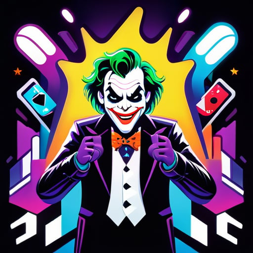Ein schelmischer Joker, der Gaming-Controller-Joysticks in jeder Hand hält, steht vor einem Hintergrund aus Neonlichtern und Gaming-Icons. Lebhafte Farben und dynamische Linien fangen die Aufregung des Spielens ein, während die Anwesenheit des Jokers Verspieltheit und Intrige hinzufügt. Dieses Logo vereint Gaming mit dem Charme des Joker-Archetyps und lädt die Betrachter in eine Welt voller Spaß und Aufregung ein. sticker