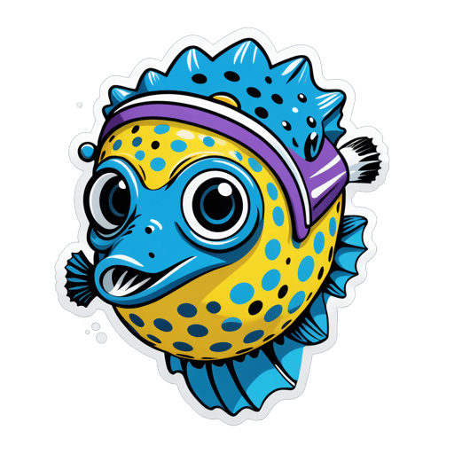 A pufferfish with a snorkel mask in its left hand and a beach towel in its right hand sticker