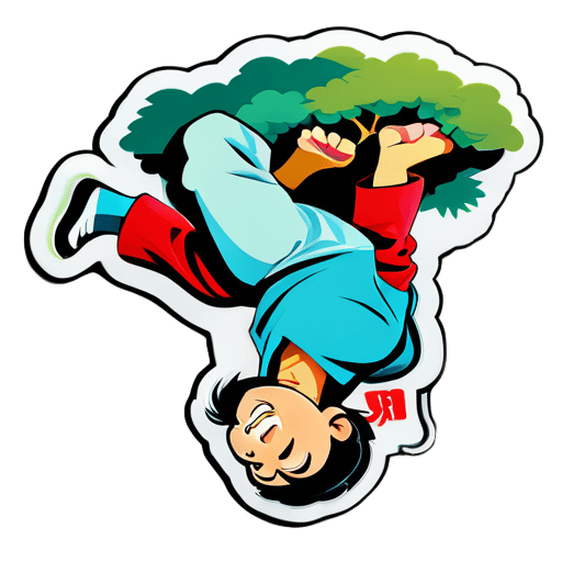 El superastro de las artes marciales Jackie Chan cuelga boca abajo de un árbol sticker