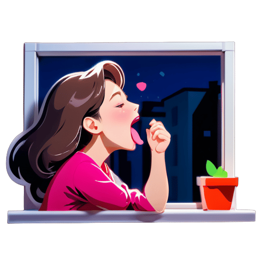 Frau schläfrig auf dem Fenstersims: Entspannt, gähnend weit, zeigt die rosa Zunge. sticker